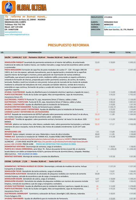 estructura de presupuesto para reforma integral